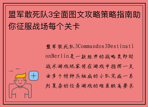 盟军敢死队3全面图文攻略策略指南助你征服战场每个关卡